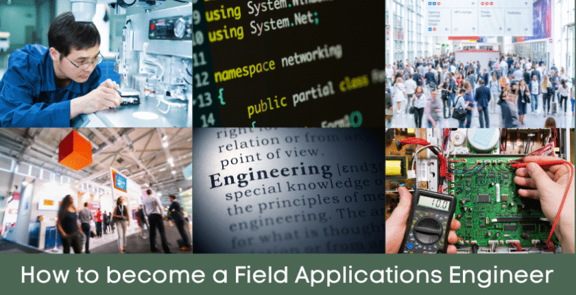 How to become a Field Applications Engineer. images of FAEs working on couter, on PCBs and at Trade Shows and Messe.